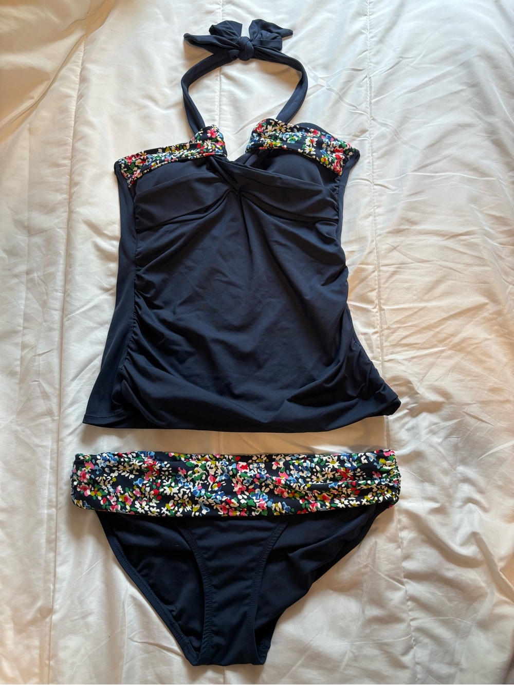 NWOT Anne Cole Navy Blue Floral-Trim Tankini Swim Set